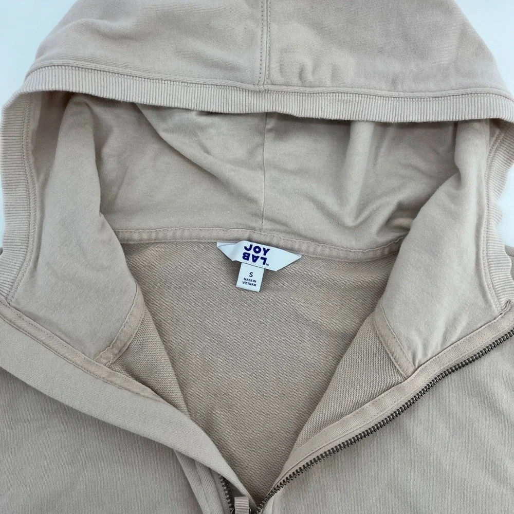 JoyLab French Terry 1/2 Zip Hooded Pullover Sweatshirt Beige Kangaroo Pocket - Picture 3 of 7